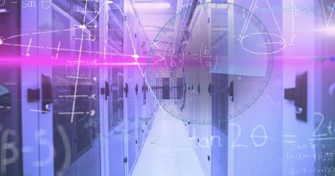 Image of data processing and mathematical equations against computer server room Stock Photos