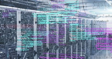 Image of data processing and mathematical equations against computer server room Foto stock