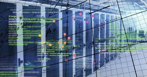 Image of data processing and mathematical equations against computer server room Stock Photos