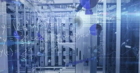 Image of data processing and mathematical equations floating against computer Stock Photos