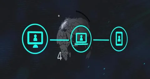 Image of data processing and media icons on black background Stockillustratie