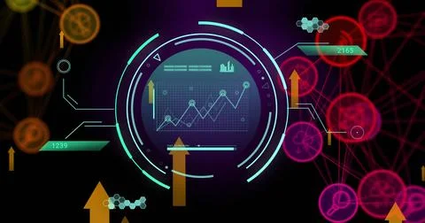 Image of data processing and media icons over scope scanning Illustrazione stock