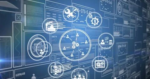 Image of data processing and media icons over blue background Stock Illustration