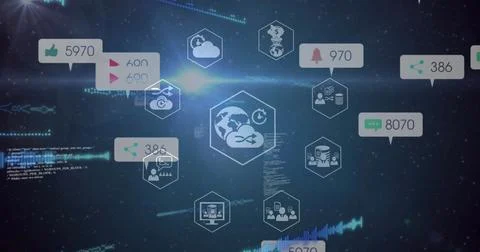 Image of data processing and media icons over black background Stock Illustration
