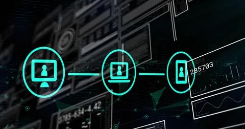 Image of data processing and media icons over black background Illustrazione stock