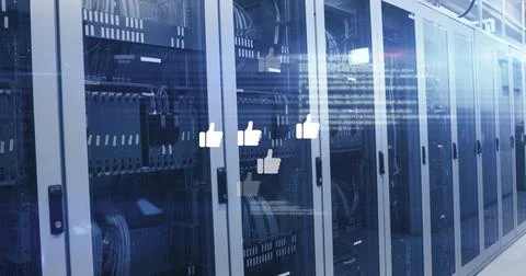 Image of data processing and media icons over server room 库存插图