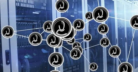 Image of data processing and media icons over server room Illustrazione stock