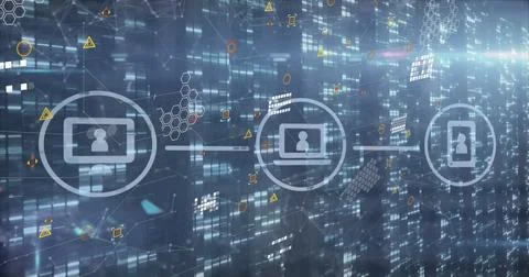 Image of data processing and media icons over black background 스톡 일러스트