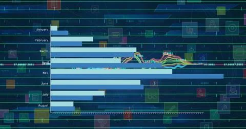 Image of data processing and media icons over blue background 스톡 일러스트