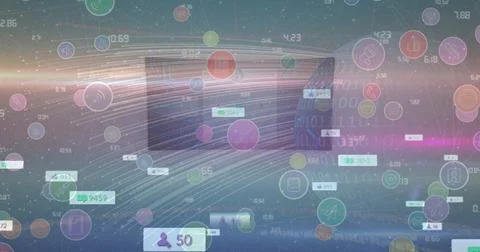 Image of data processing and media icons over road 库存插图