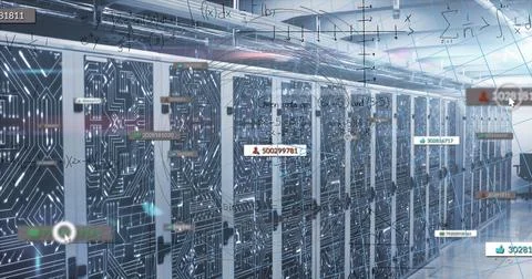 Image of data processing and media icons over server room Stock Photos