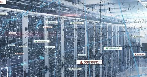 Image of data processing and media icons over server room 写真素材