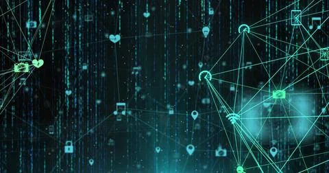 Image of data processing and media icons over black background 스톡 사진