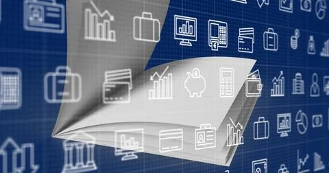 Image of data processing and media icons over blue background Stock Photos