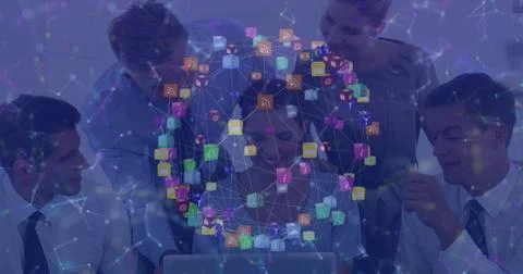 Image of data processing and media icons over caucasian business people in 스톡 사진