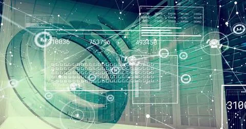 Image of data processing and media icons over server room Foto stock