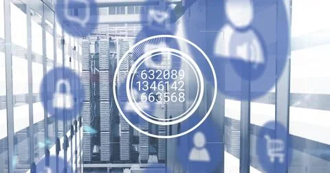 Image of data processing and media icons over server room 스톡 사진