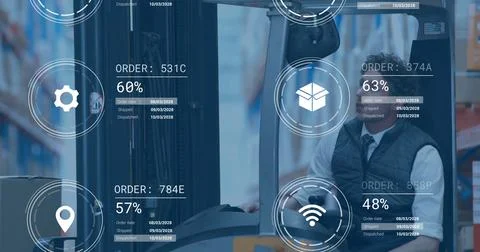 Image of data processing and media icons over caucasian male worker in turret 스톡 사진