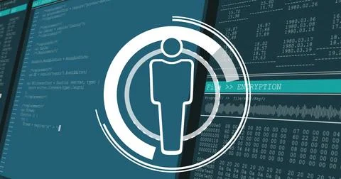 Image of data processing and media icons on black background Foto stock