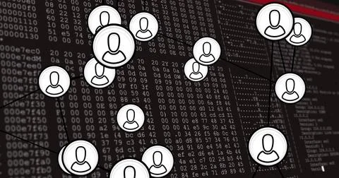 Image of data processing and media icons on black background Foto stock