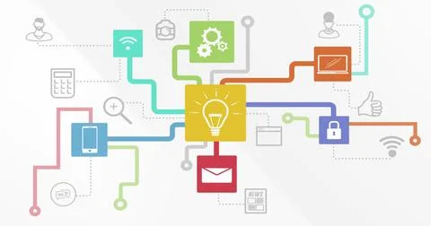 Image of data processing and media icons on white background 스톡 사진
