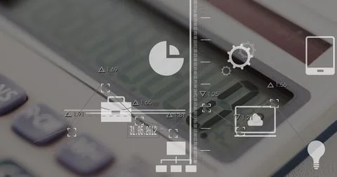 Image of data processing and media icons over calculator 스톡 사진