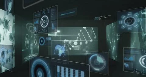 Image of data processing and media icons over cityscape 스톡 사진