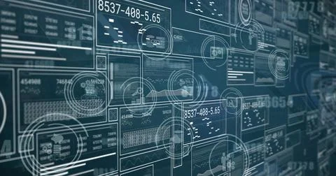 Image of data processing and media icons over blue background Stock Photos