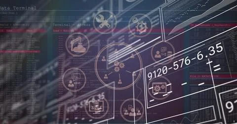 Image of data processing and media icons over blue background Stock Photos
