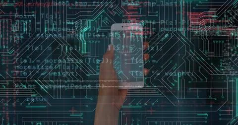 Image of data processing and microprocessor connections over hand holding a Stockfoto's