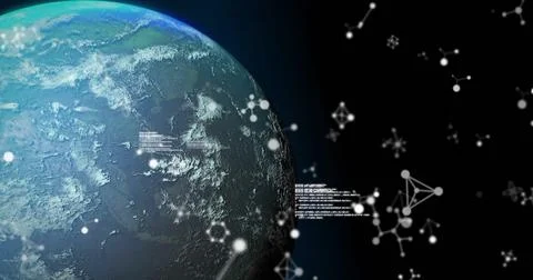 Image of data processing and moelcules over globe on black background Foto stock