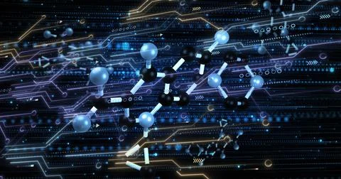 Image of data processing and molecule on black background Stock Photos