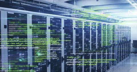 Image of data processing and mosaic squares against computer server room Stock Photos