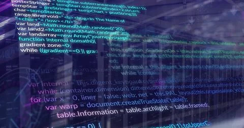 Image of data processing and mosaic squares against computer server room Stock Photos