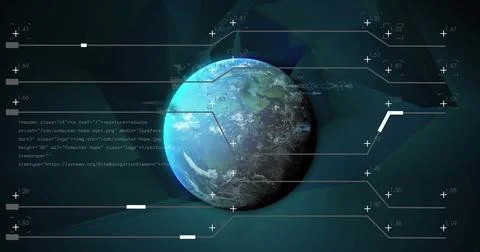 Image of data processing and motherboard over globe in night sky Stock Photos