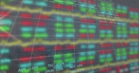 Image of data processing and moving columns on black background Stockillustratie