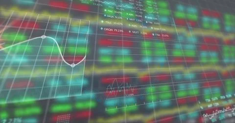 Image of data processing and moving columns on black background Stockillustratie