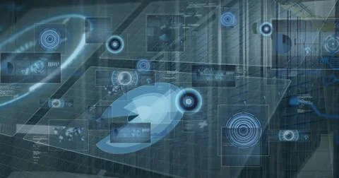 Image of data processing and multiple round scanners against computer server 스톡 사진