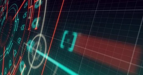 Image of data processing and neon circles in black digital space Stockfoto's