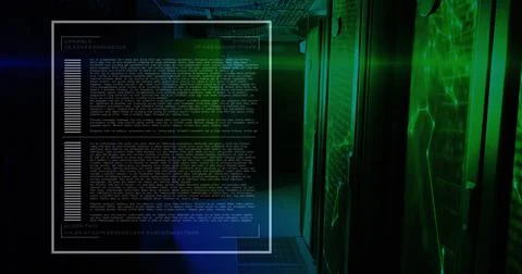 Image of data processing and network of connections over server room Illustrazione stock