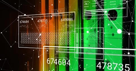 Image of data processing and network of connections over server room Stock Illustration