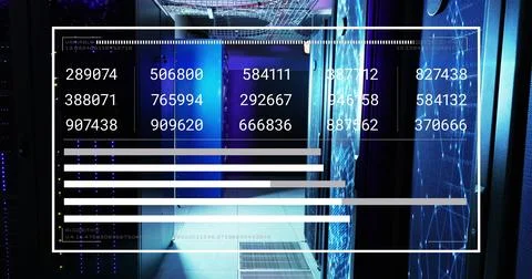 Image of data processing and network of connections over server room Stock Illustration