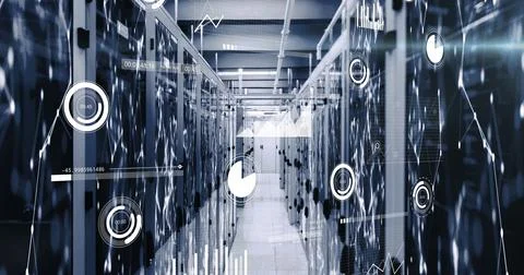 Image of data processing and network of connections against computer server room Stock Illustration