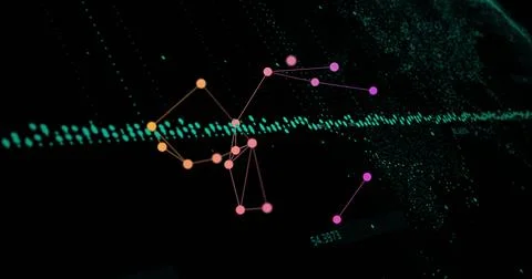 Image of data processing and network of connections over black background Illustrazione stock