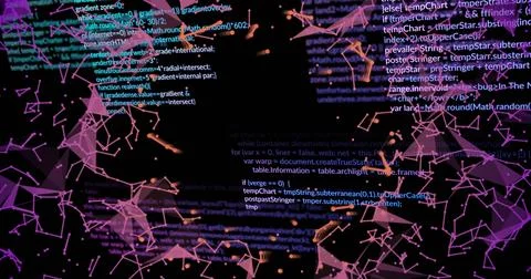 Image of data processing and network of connections over black background Illustrazione stock
