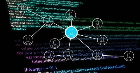 Image of data processing and network of connections over black background Illustrazione stock