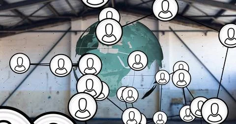 Image of data processing and network of connections with icons over globe Illustrazione stock