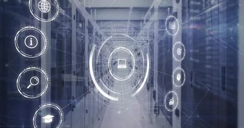 Image of data processing and network of connections with icons over computer Illustrazione stock