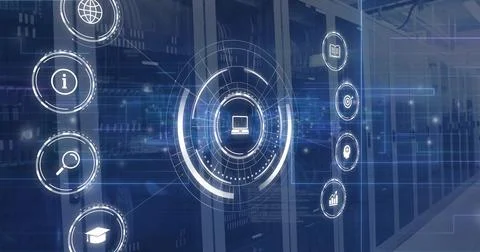 Image of data processing and network of connections with icons over computer 스톡 일러스트