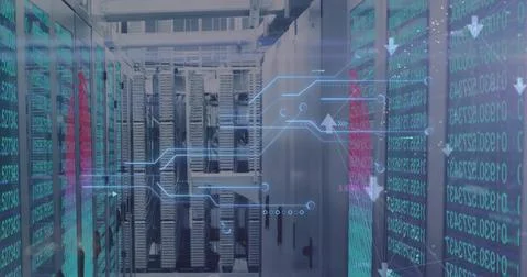 Image of data processing and network of connections over server room Stockillustratie